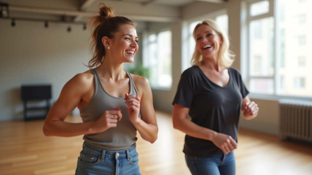 Group of beginner salsa students smiling and laughing during a warm-up exercise in a bright dance studio