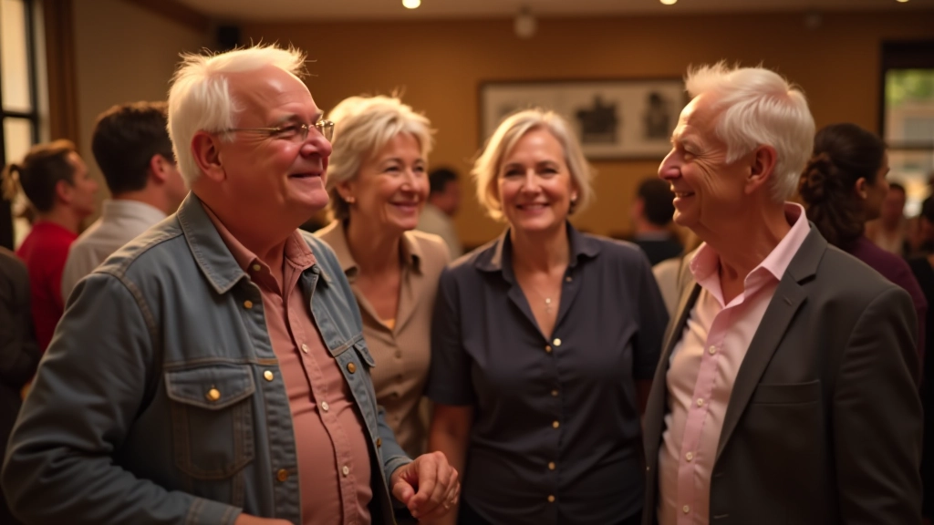 Group of diverse mature adults socializing and smiling together in a community setting