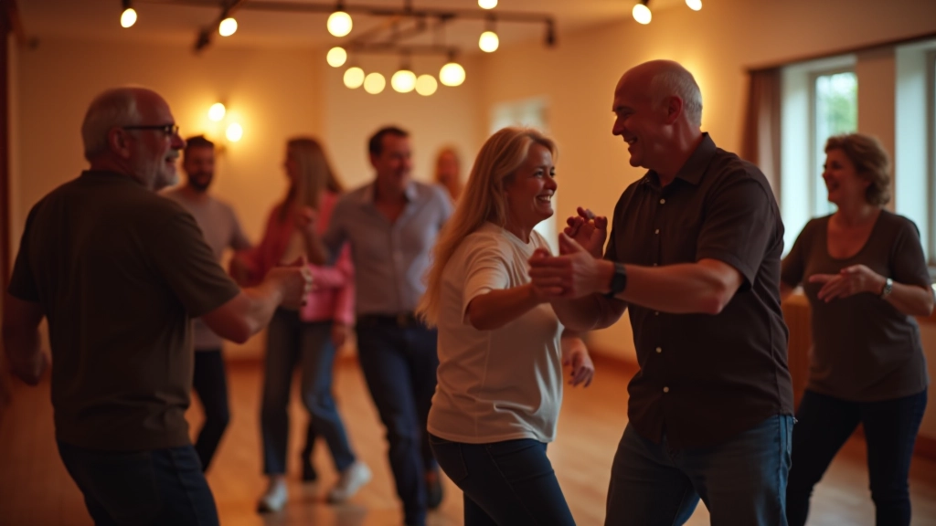 Group of adults dancing together in a well-lit community hall with wooden flooring