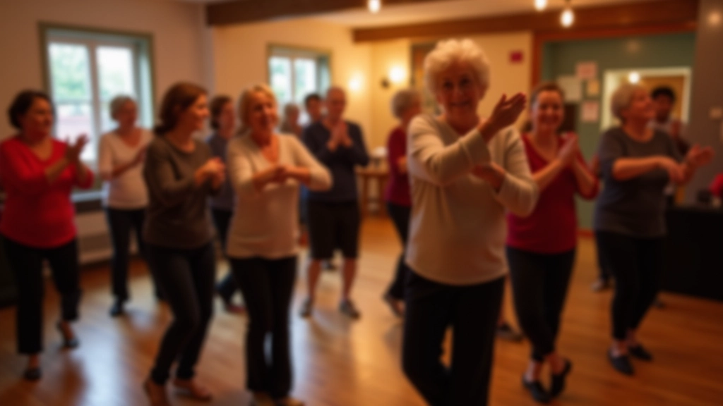 Adults dancing salsa in a studio with wooden floors and warm lighting