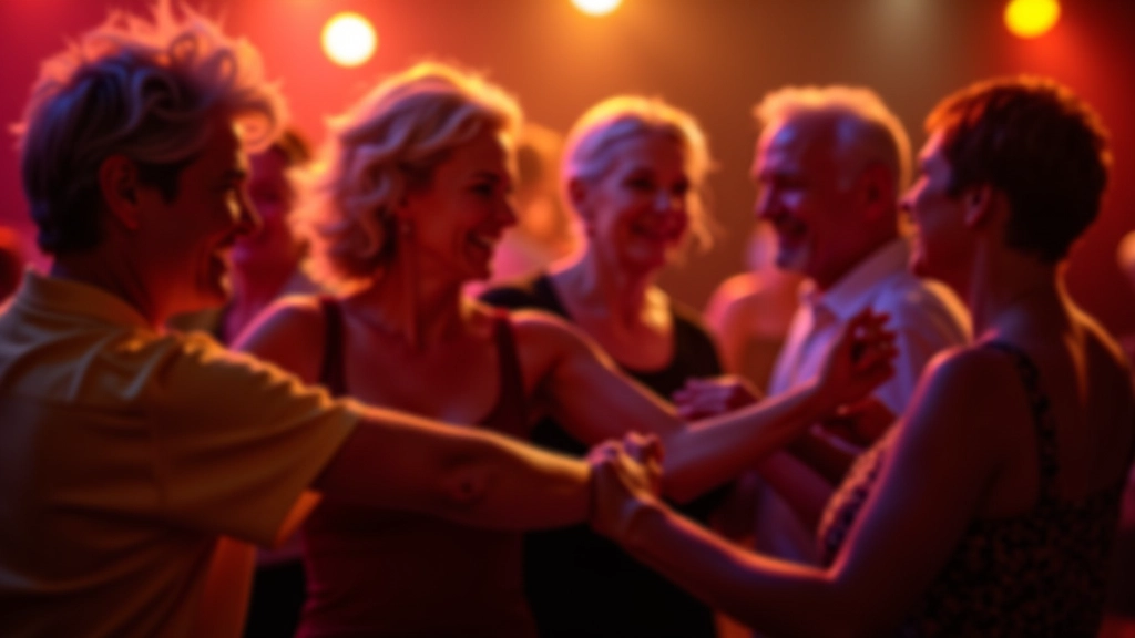 Group of mature dancers enjoying salsa at a social dance event