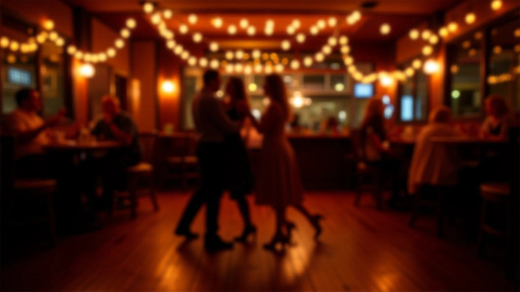 Interior of Dublin dance venue with wooden floor, warm amber lighting, couples dancing bachata, decorative lights overhead, intimate setting