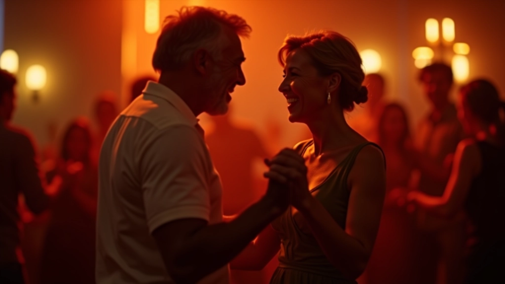 Mature couple dancing bachata together with joy and connection