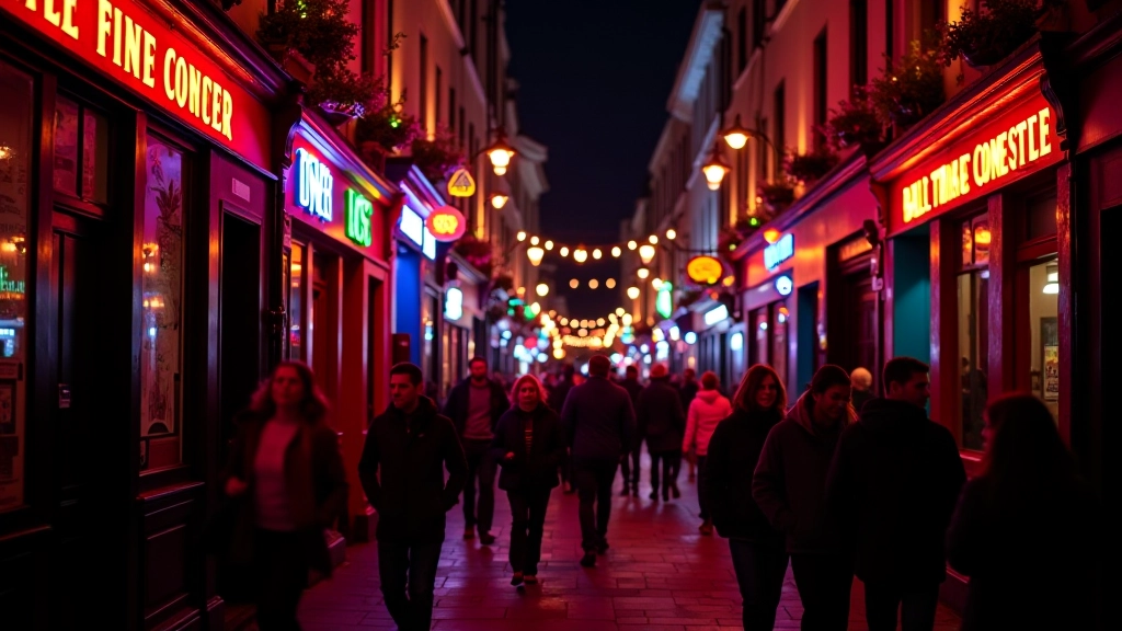 Temple Bar Dublin street at night with vibrant lights and people socializing outside dance venues, warm evening atmosphere