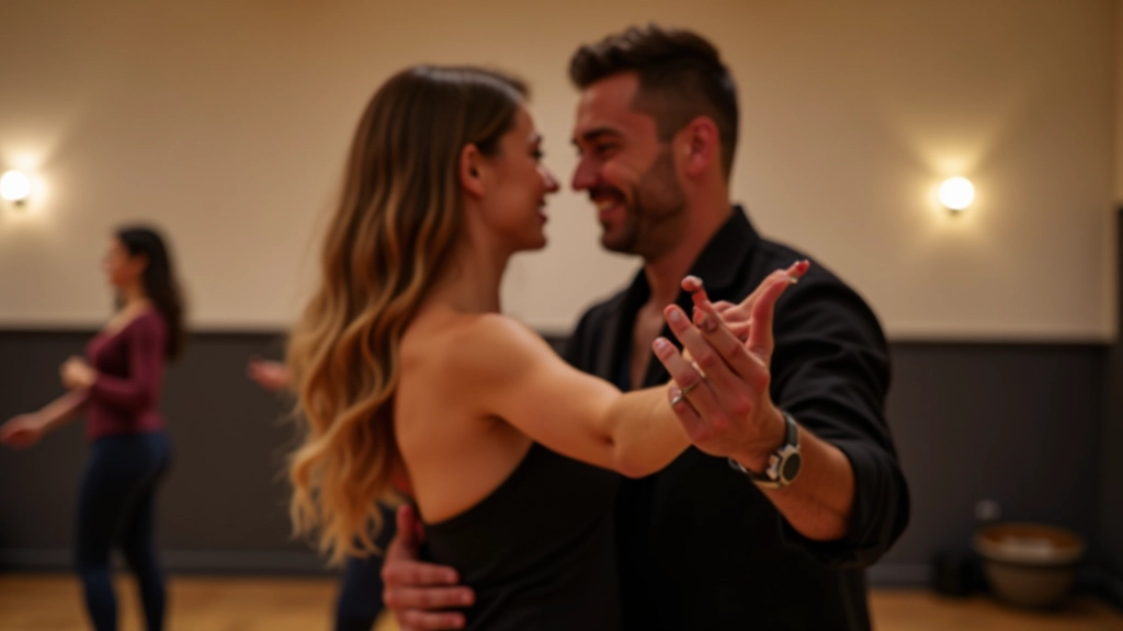 Two dancers demonstrating proper bachata hold with good posture, maintaining distance, professional instruction setting