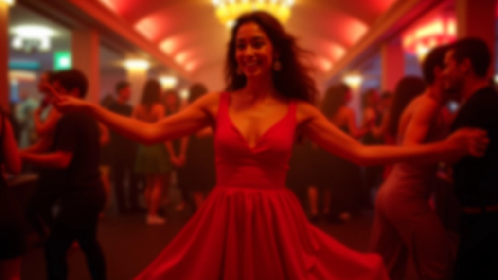 Woman in colorful dress performing bachata move at Temple Bar dance night in Dublin